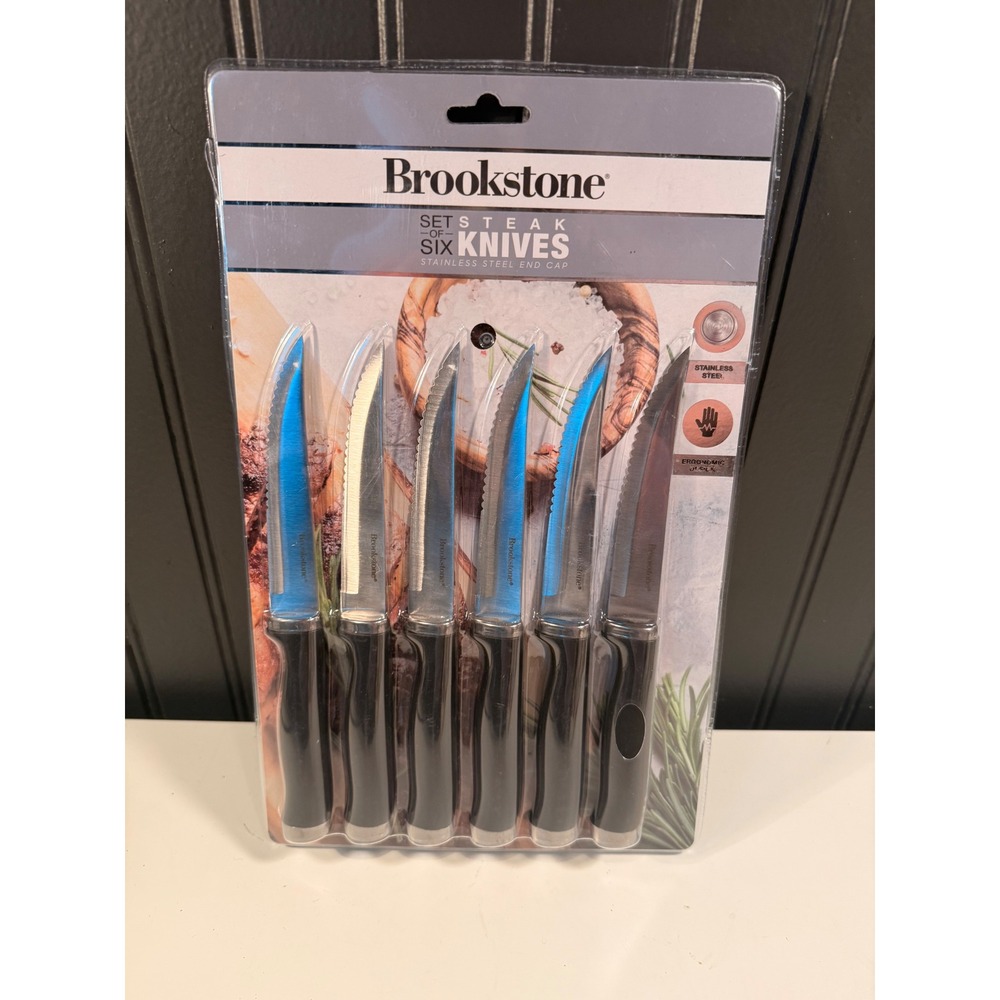 Brookstone Set of 6 Steak Knives Stainless Steel Serrated 4.5 Inch Blades New